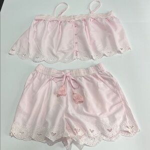 SHABBY CHIC Rare Camisole & Shorts Sleepwear Light Pink Lace Heart VTG PJs